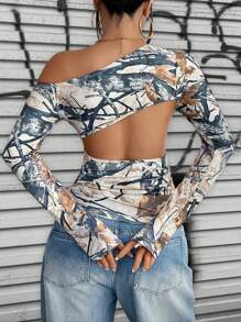 Chiquease Women's American Casual Asymmetrical Neck Sexy Hollow Leaf Printed T-Shirt Graphic Tees Women Tops - Coffee Brown - View 2