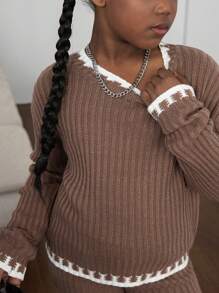 Sparklyn Tween Girls Minimalist Contrast Trim Khaki Knit Sweater & Pants Set, Ideal For Casual Wear In Autumn/Winter - Khaki - View 4