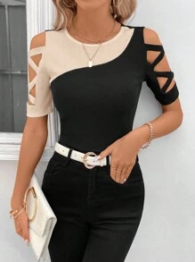 SHEIN Clasi 女士撞色圆领交叉镂空短袖修身 T 恤 - 杏色 - 查看 6