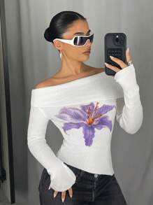 SHEIN ICON Off Shoulder Print Long Sleeve Sweater Women, Asymmetrical Hem Top, Early Autumn - White - View 6