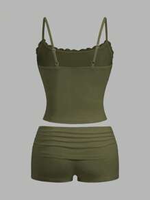 SHEIN EZwear 女士两件套：纯色蕾丝拼布无袖上衣和短裤 - 軍綠色 - 查看 2