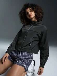 POWERISTA Powerista Dames Zwarte Letter Print Lange Mouw Ritssluiting Losse Casual Sportjas Voor Hardlopen & Dagelijkse Training