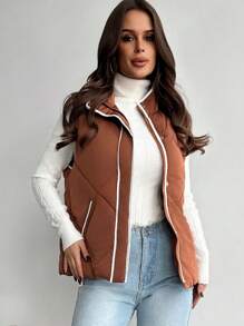 SHEIN Privé Women's Casual Warm Quilted Cotton Padded Vest With Contrasting Trim And Pockets, Suitable For Autumn/Winter Home Wear - Rust Brown - View 4