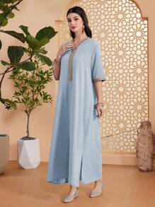 Al Najma 女式拼接织带连帽半袖宽松土耳其连衣裙，朴素的卡夫坦 - 藍色 - 查看 6
