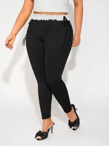 SHEIN SXY Plus Size Women Waist Tie With Floral Lace Decorative Leggings - Black - View 1