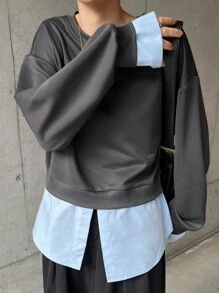FRIFUL 女士圆领长袖撞色休闲T恤，秋季女装 - 灰色 - 查看 3