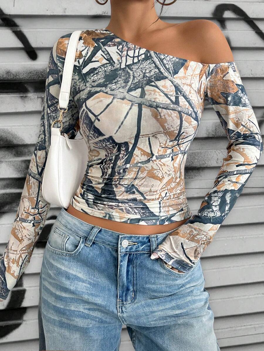 Chiquease Women's American Casual Asymmetrical Neck Sexy Hollow Leaf Printed T-Shirt Graphic Tees Women Tops - Coffee Brown - View 1