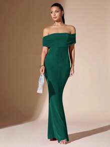 SHEIN BAE 女士纯色露肩性感透明优雅鱼尾露背修身舞会长裙 - 墨綠色 - 查看 4