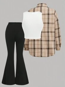 SHEIN Girlism 少女买 1 送 2 3 件/套：格子长袖衬衫、白色短款背心、罗纹针织喇叭裤休闲学院风 3 件套