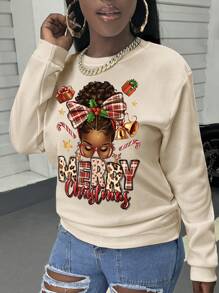 SHEIN Slayr Sudadera de cuello redondo acanalada para mujer, casual y de moda, adecuada para Navidad