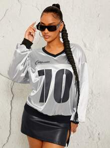 SHEIN SXY Oversized Silky Satin Texture Sporty Sweatshirt, Autumn/Winter - Silver - View 5