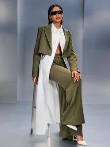 SHEIN SXY 2pcs/Set Green Suit, Loose Fit Cropped Jacket + Wide-Leg Pants, Autumn/Winter & Early Spring