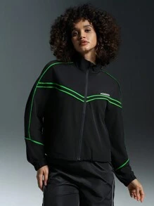 Powerista 女士字母条纹印花拉链宽松运动夹克 - 黑色 - 查看 7