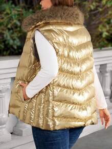 EMERY ROSE Plus Size Sleeveless Zipper Pocket Winter Coat With Fur Collar, Simple Fashion Casual Outerwear For Daily Wear, Thanksgiving Women, New Years Women ,Winter Coats - Gold - View 4
