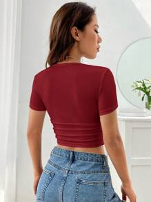 SHEIN EZwear 女式纯色圆领短袖休闲上衣 - 酒紅色 - 查看 2