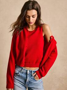 Poéselle 新款春秋多巴胺开衫，高品质柔软触感金扣休闲宽松针织毛衣女 - 紅色 - 查看 5