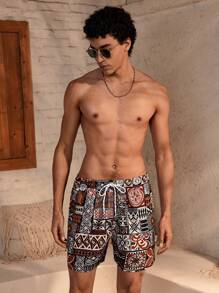 Manfinity VDAYZ 1 件男士度假几何印花抽绳腰宽松沙滩短裤（不对称印花）情侣装泳装度假 - 彩色 - 查看 7