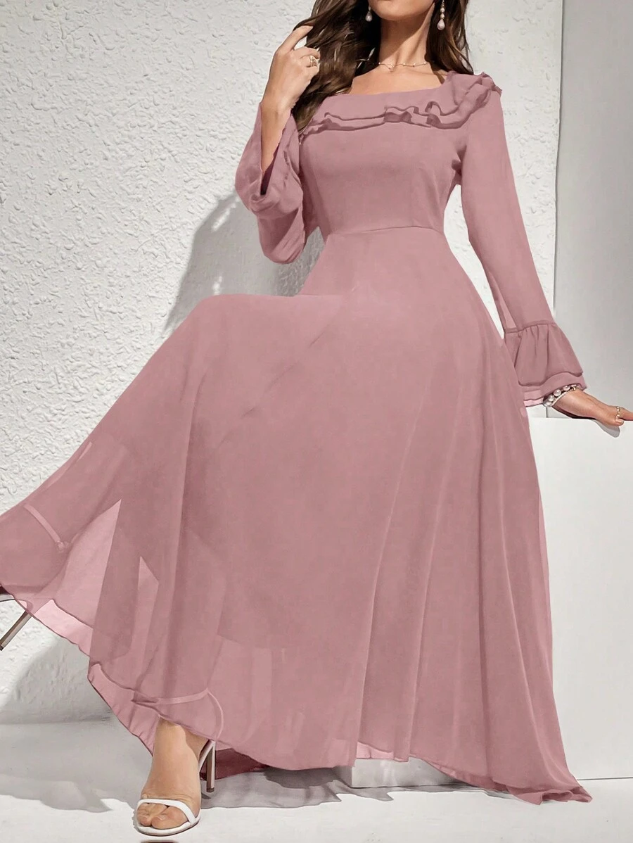 Modelyn 女士纯色荷叶边喇叭袖超长优雅连衣裙长款晚礼服