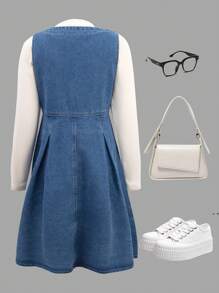 Tween Girls New Korean Style Denim Vest & Denim Dress Set, Fashion - Multicolor - View 2