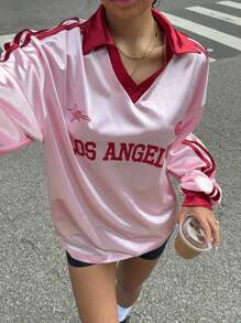 SHEIN Tienermeisje Kerstmis Nieuwjaar Roze, Rood Patchwork, Preppy, Terug naar schoolseizoen, Vintage Color Block Print Polo Kraag Lange Mouw Fietstop T-shirt, Herfst & Lente