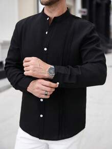 Manfinity Homme Men's Casual Business Commute Solid Color Long Sleeve Button-Up Shirt,Men's Solid Color Texture Casual Wrinkle Double Patch Bag Commuting Light Mature Long Sleeved Button Up Shirt, For Fall