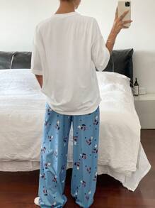 DAZY 简约纯色宽松 T 恤和卡通印花宽松睡裤套装 - 白色 - 查看 2