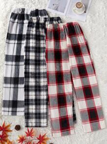 3pcs Women Plaid Print Flannel Pajama Set