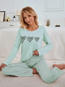RueChic Set de pijama de 2 piezas de 100% algodón con estampado de corazones