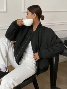 SHEIN Frenchy 女士纯色落肩长袖拉链棒球领休闲短款冬季夹克 - 黑色 - 查看 1