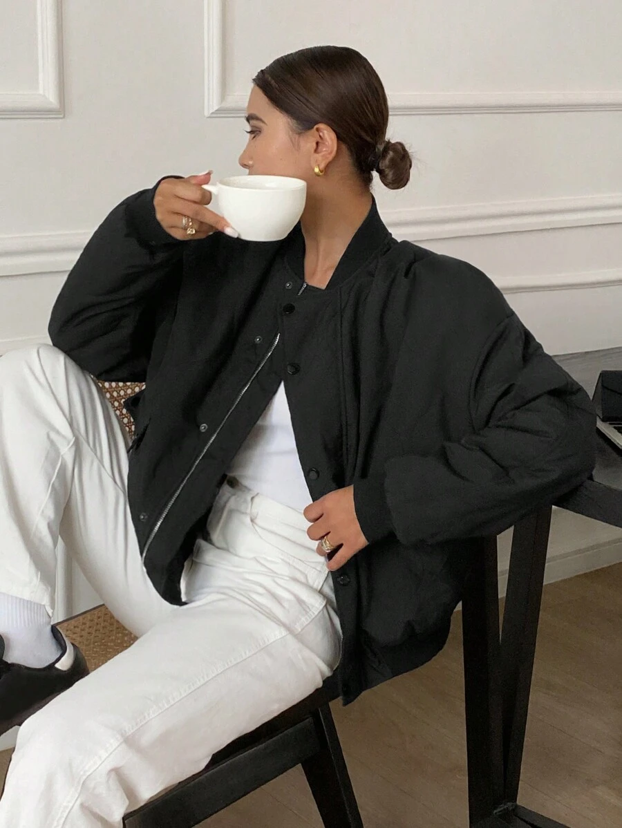 SHEIN Frenchy 女士纯色落肩长袖拉链棒球领休闲短款冬季夹克 - 黑色 - 查看 1
