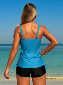 SHEIN Swim 2pcs Printed Modest Tankini With Side Cutout For Women Summer - Blue - View 5