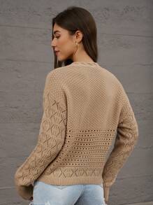 INAWLY Khaki Pullover Hollow Laced Up Knit Sweater Top
