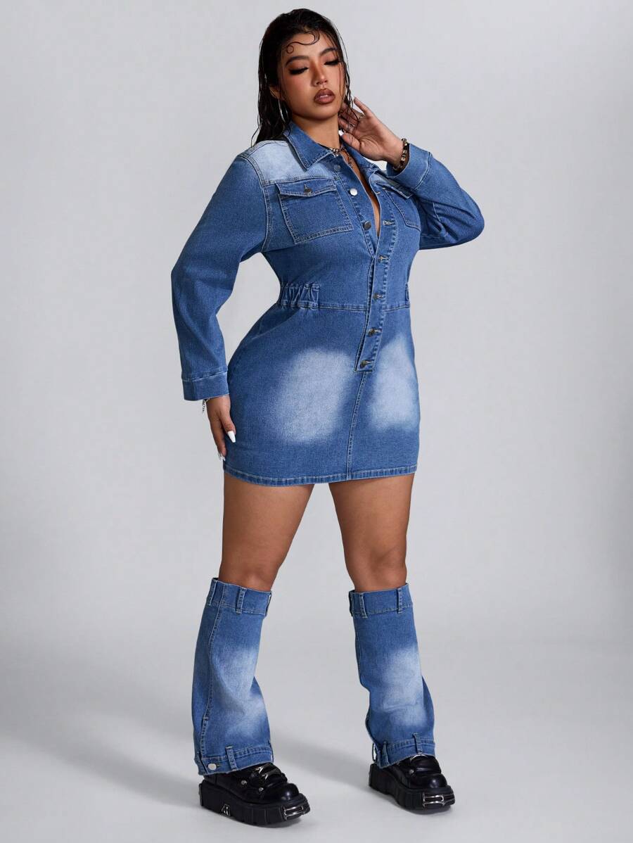 SHEIN ICON Vestido Corpete Fashionable Casual Azul Desgastado com Gola Alta, Manga Longa e Elástico, com Meias Anexadas para Mulheres - Lavagem Média - Visão 1