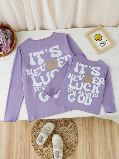 SHEIN Autumn/Winter Women Front Face Print & Back Letter Slogan Print Long Sleeve Round Neck T-Shirt, Mommy And Me Matching Outfits (2 Pieces Sold Separately) Fall Cloth For Women