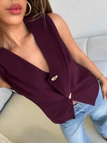 Aloruh Top de chaleco de mujer de uso diario y para la oficina, elegante y sexy, con escote profundo en V y hebilla de metal decorativa, en color burdeos