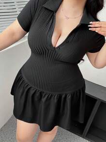 Flirla 大码女式黑色简约休闲日常罗纹领罩衫连衣裙 - 黑色 - 查看 2