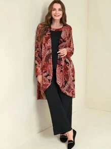 SHEIN Clasi طقم كاجوال للنساء بمقاسات كبيرة، ملابس علوية طويلة الأكمام بطبعة زهور الكاجو من الشيفون وبنطال - متعدد الألوان - مشاهدة 1