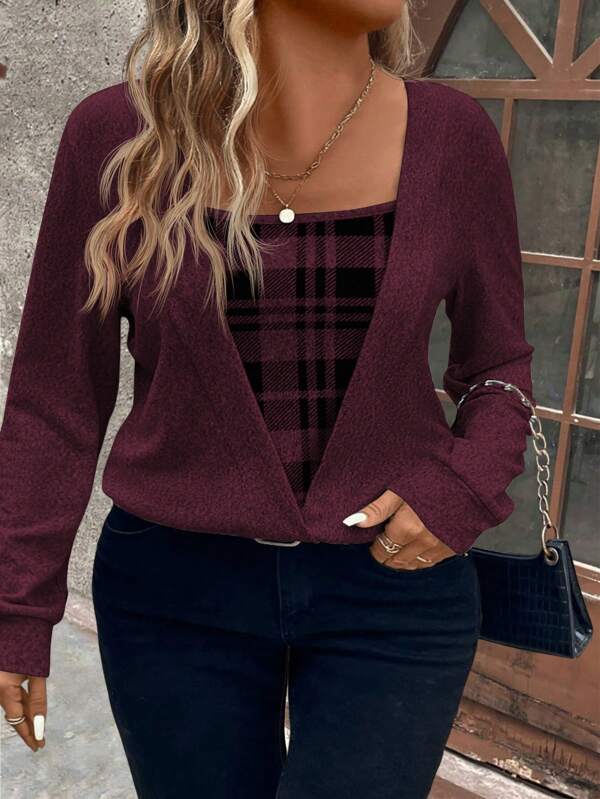 INAWLY Plus Size Plaid Print Patchwork Black Knit Long Sleeve Sweatshirt, Soft Knit, Winter, Fall Graduation,Back To School Outfits,Graduation,Teacher Outfits For Women,Back To School Pullover Autumn