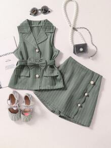 Girls Casual Striped Suit Set, Minimalist Striped Girls Suit Set, Fashion Versatile, Suitable For 4-7 Years Old Girls, Includes Sleeveless Blazer Top And High-Waist Button Skort, Made Of Lightweight Fabric, Suitable For Spring/Summer Wear. Suitable For Formal Occasions, Family Gatherings And Photo Shoots, Classic Gray Striped Design, Can Be Matched With Small Leather Bag And Headband, Showing Elegant Elegant, Let Young Girl Wear Office Style. - Grey - View 7