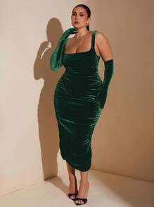 SHEIN BAE Plus Size Fall Sweet And Elegant Woman Black Velvet Large Square Collar Gathered Mid-Length Dress, Suitable For Night Parties And Formal Banquets Fall Wedding Guest Dress Homecoming Dresses