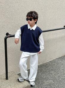SHEIN Buy 2 Get 1 Free: Tween Boy Casual Korean Style Loose Fit Comfortable, Fashionable & Versatile Long Sleeve Collared Shirt, Button Down Blouse, Textured Vest And White Long Pants Outfit Set, Suitable For Back To School, Daily Wear, Travel, Sports, Autumn/Winter - White - View 6