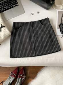 SHEIN EZwear Stripe Going Out Low Waist Solid Straight Grey Mini Skirt - Grey - View 3