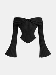 SHEIN Tween Girls Knitted Ribbed Asymmetrical Swing Fitted Top & High Waist A-Line Skirt Casual Set - Black - View 6