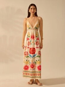 CAJUNI Women's Boho Colorful Tropical Plant Print V-Neck Spaghetti Strap Dress, Casual Summer Beach