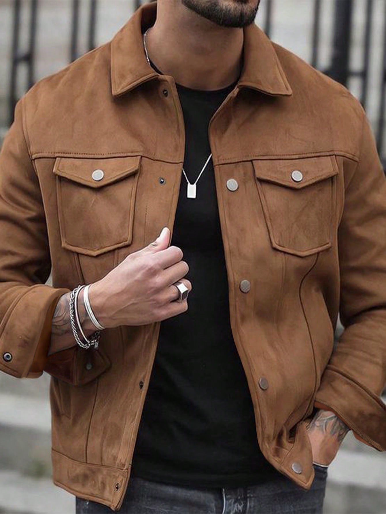 Manfinity Dauomo American Retro New Casual Business Elastic Faux Suede Jacket For Men, Luxurious Style, Autumn/Winter