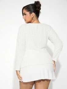 SHEIN SXY Plus Size Women Open Shoulder Rib-Knit Tight Top With Contrast Bow Decor - White - View 2