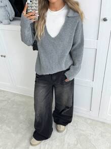 SHEIN EZwear Áo len chui đầu dài tay cổ chữ V sâu cho nữ, mặc hàng ngày - Xám - Xem 4