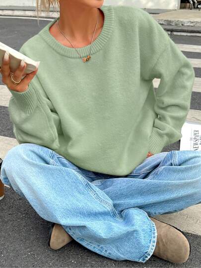 INAWLY 女士纯色圆领长袖简约针织毛衣，休闲日常穿搭针织套头衫，秋冬毛衣