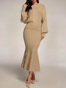 Modelyn 2pcs Solid Color Knitted Sweater Set - Long Sleeve Top And Mini Skirt, Casual Minimalist Outfit For Everyday Wear 2 Pieces Set