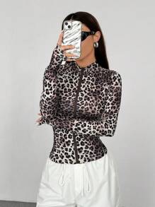 Flirla 1 件女士休闲日常家居服外出运动豹纹立领拉链装饰修身轻便夹克 - 彩色 - 查看 6